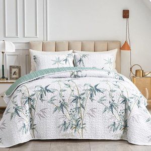 New Green Bamboo 3-Piece Bedding 100% Polyester Quilt Set • Reversible • KING